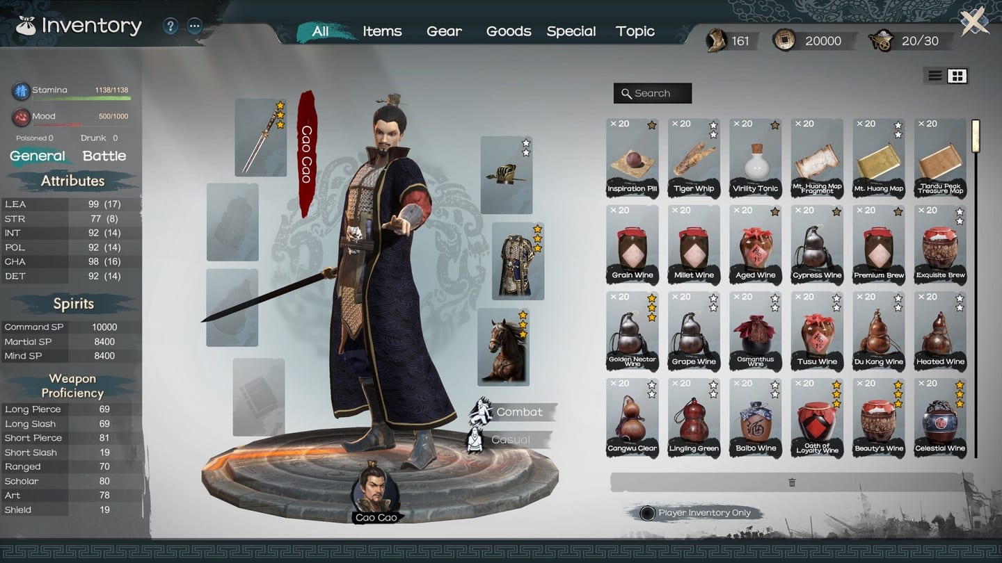 Inventory screen with equipment, items and the Goods tab visible.